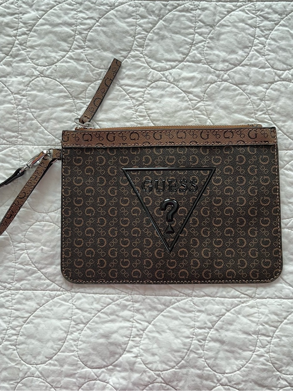 GUESS Brown Monogram Wristlet Pouch with Logo Triangle, Preppy Y2K Style